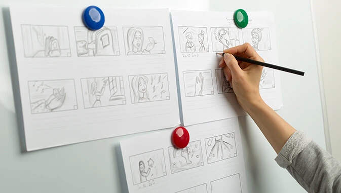 Nuestros animadores crean storyboards y diseños visuales para establecer el flujo y estilo de la animación.